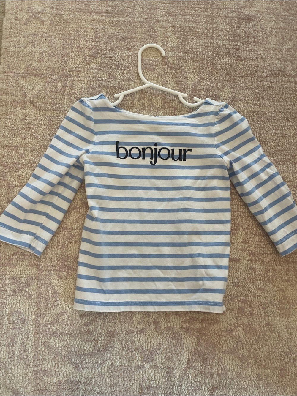 Janie and Jack Light Blue & White Striped 'bonjour' 3/4 Sleeve Tee